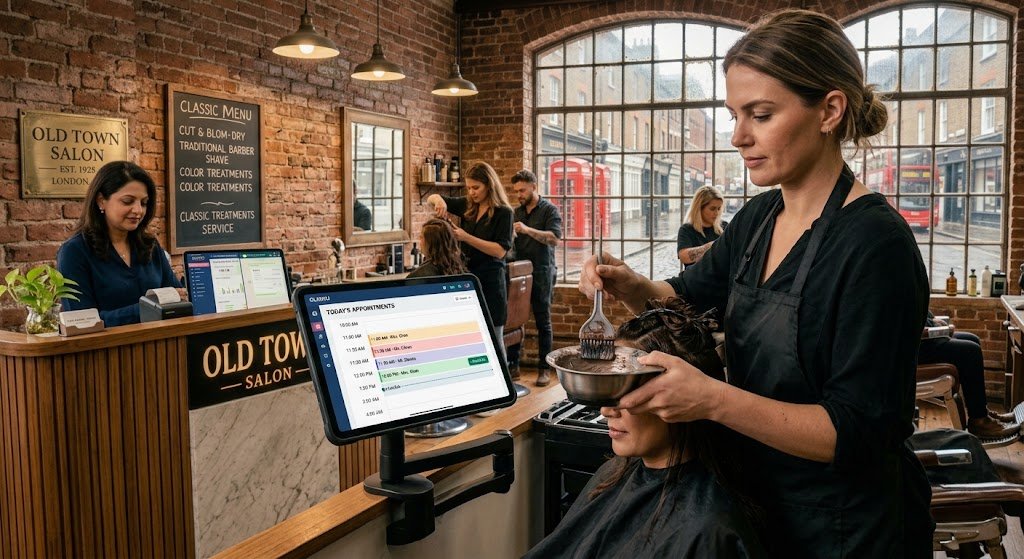 Modern hair salon with round mirrors, black styling chairs and warm lighting