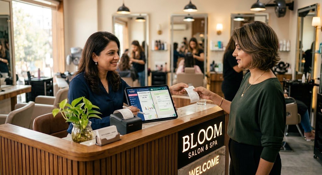 Salon billing software showing sales and invoices