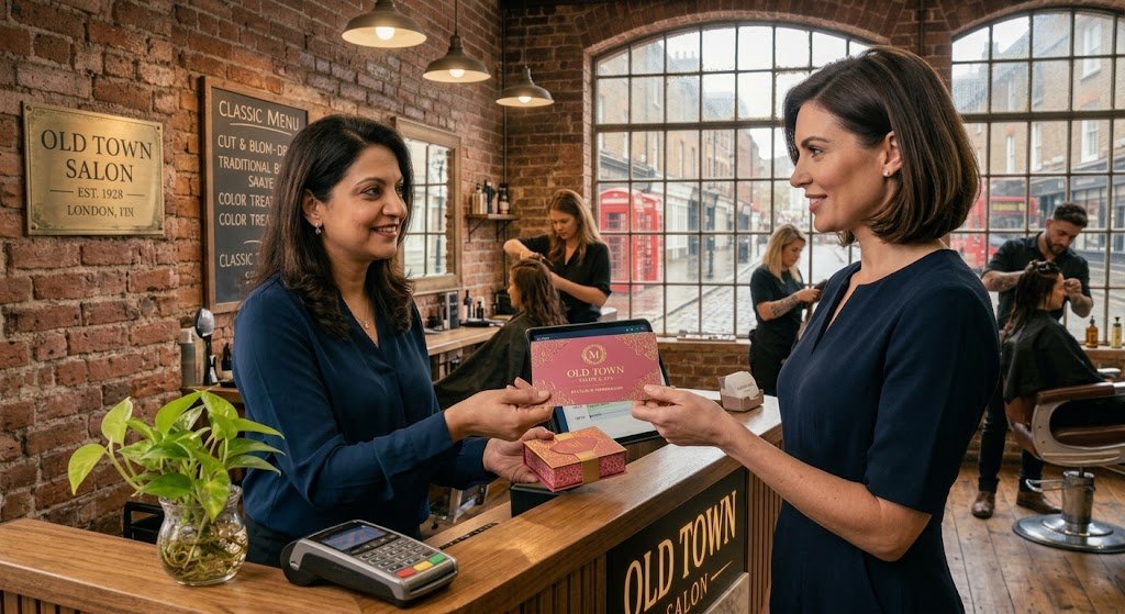 Salon client receiving a membership card at the front desk